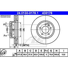 ATE 24.0130-0178.1 (SDB000602 / SDB000603 / SDB000604) диск тормозной передний\ Land rover (Ленд ровер) range rover sport 2.7tdvm 05>