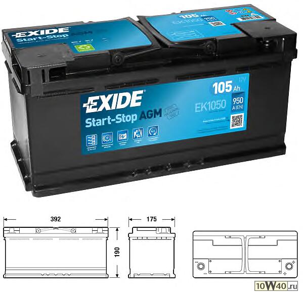 ek1050 exide agm start&stop аккумулятор 12v 105ah 950a etn 0(r+) b13 392x175x190 28,8kg 36610240365