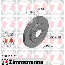 ZIMMERMANN 280.3173.20 (45251SAAG50) диск тормозной перед. 258x21 / 39-4x100\ Honda (Хонда) Jazz (Джаз) 1.2-1.5 02-08
