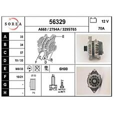 EAI 56329 (1204108 / 6204003 / 6204008) генератор 70a\ Opel (Опель) Astra (Астра) / Corsa (Корса) / vectra / Zafira (Зафира) / Tigra (Тигра) / Omega (Омега) 1.2-2.0 89>