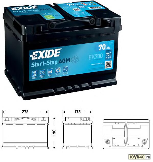 акб exide micro-hybrid agm 12v 70ah 760a 278x175x190 / -+ /