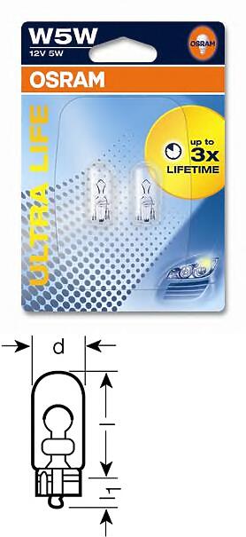 лампа w5w 12v 5w ultra life w2.1x9.5d, блистер 2 шт.
