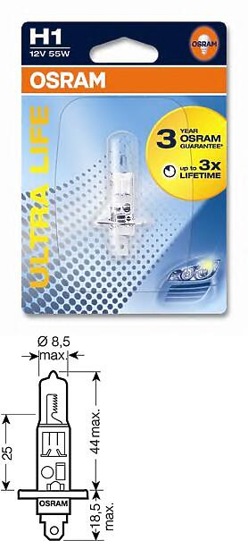лампа (h1) 12v 55w p14.5s галогенная увелич. срок службы (1шт. в блистере)\