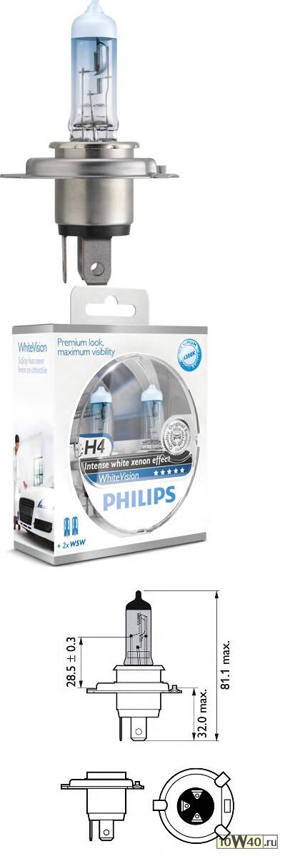 к-кт ламп (h4) 60 / 55w 12v p43t-38 галогенная белая whitevision 2шт. в боксе\
