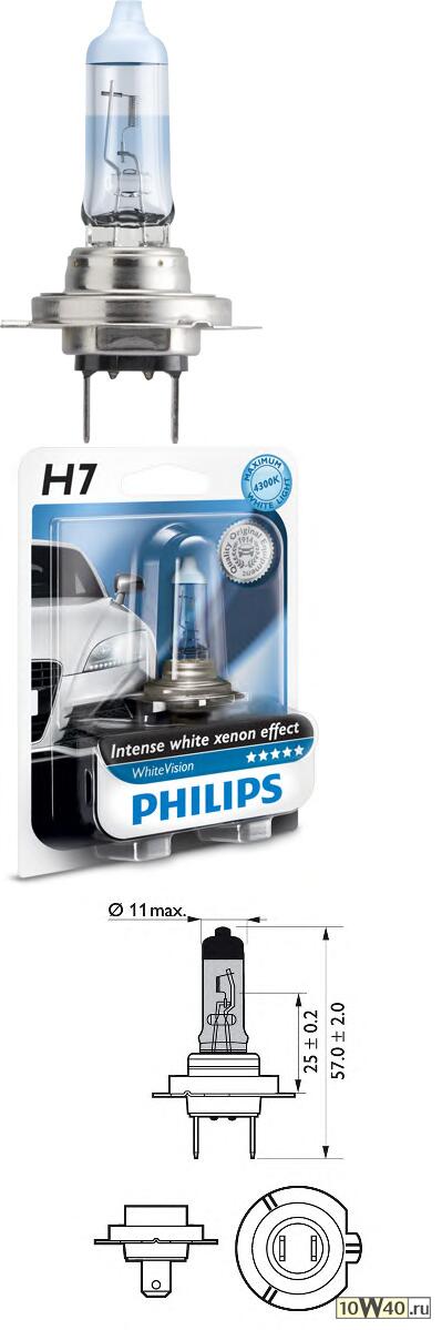 лампа (h7) 55w 12v px26d галогенная белая whitevision в блистере\