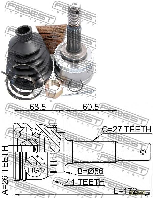 шрус наружный 26x56x27 (nissan primera p12 2001-2007) febest