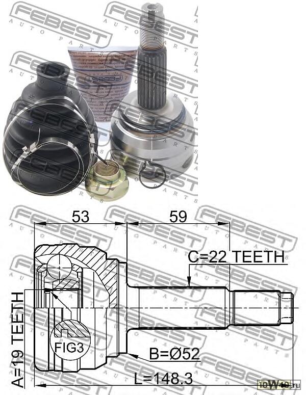 шрус наружный 19x52x22 (chevrolet aveo (t200) 2003-2008) febest