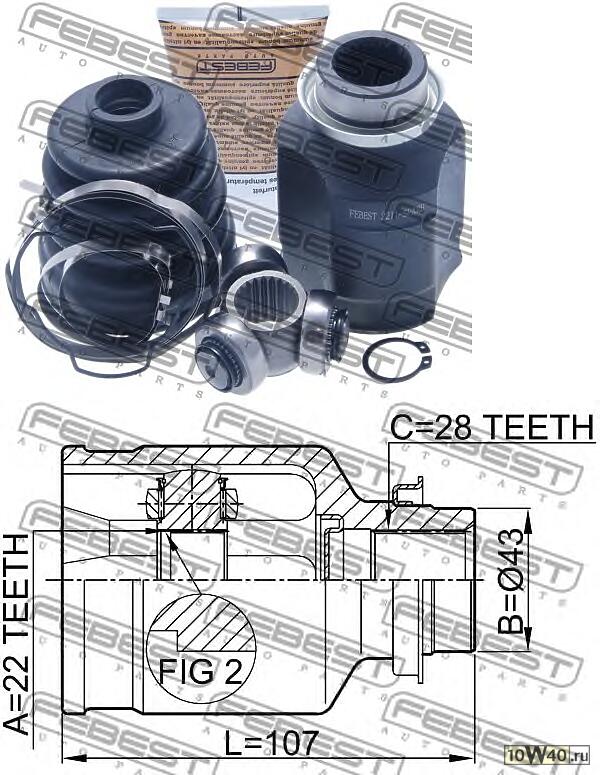 шрус внутренний правый 22x43x28 ( shuma II / sephia II / mentor II / spectra 1997-2004) febest