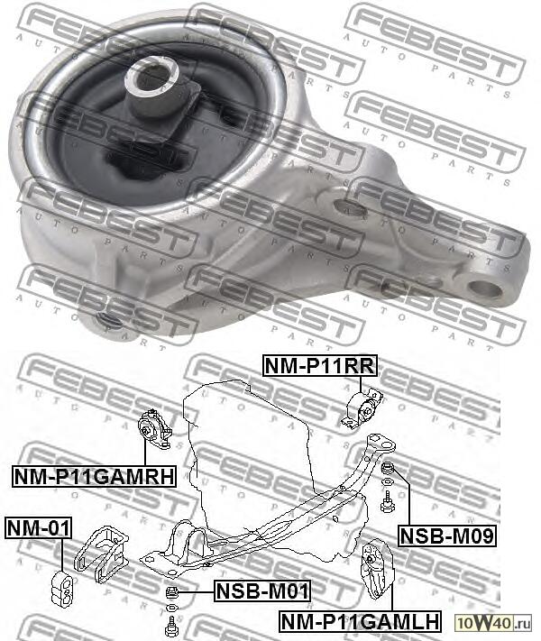 подушка двигателя правая mt (nissan primera p11 1996-2001) febest