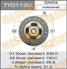 MASUMA TYD113U (3125025130 / 3125025141 / 3125025142) диск сцепления\ Toyota (Тойота) 4 runner (Форанер) 3.0 90-92 / Camry (Камри) 3.0 91-96 / hi-ace 2.4td 95>