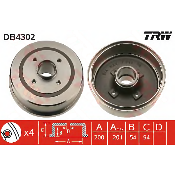 TRW DB4302 (0418001 / 0986477135 / 104033) торм. барабан зад.[200x54] 4 отв. (Комплект 2 штуки)